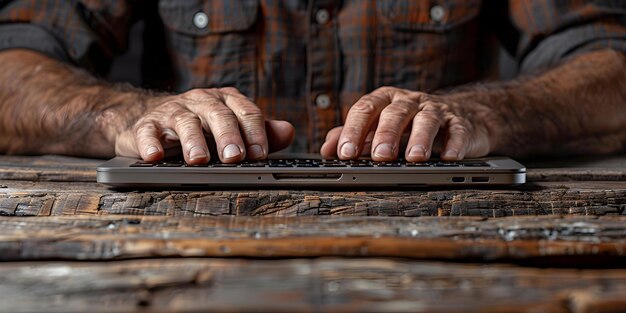 Vingers vaardig navigeren op het toetsenbord op een laptop die rust op een rustiek tafelblad Concept Tekenvaardigheid toetsenbord vaardigheid Rustieke werkruimte Laptop productiviteit Digitale technologie