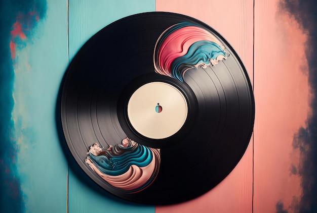 Vinil record on wooden dark background flat lay