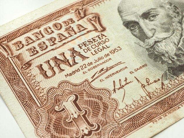 A vintage 1 one peseta banknote with the image of the Marqus de Santa Cruz Old spanish paper one