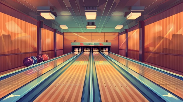 Photo vintage 1960s bowling alley with classic wood paneling and large text block for retro event advertising