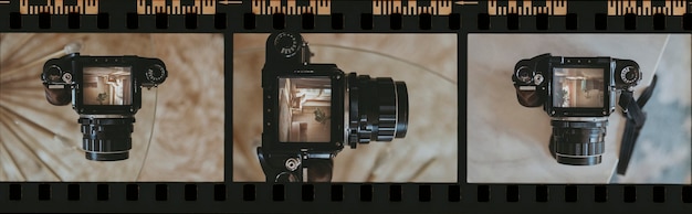 アナログカメラの写真とヴィンテージ35mmフィルムストリップ