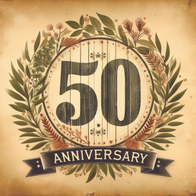 Photo vintage 50th anniversary emblem with olive branches