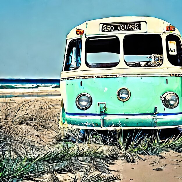 Foto vintage 70's bus op het strand