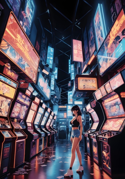 Vintage 90's anime style environmental wide shot of a chaotic arcade at night a woman wearing street