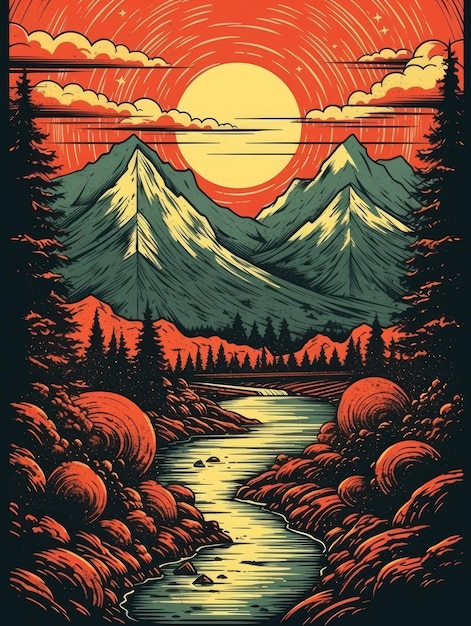 Vintage afbeelding ontwerp van bergen Print voor T-shirts Generatieve AI