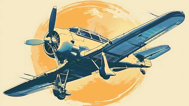 Foto un aereo vintage vola attraverso il cielo l'aereo è blu e giallo con una singola elica il cielo è un gradiente di arancione e giallo