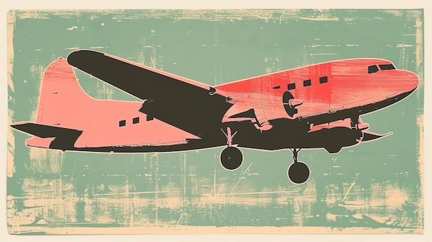 A vintage airplane flies through the sky The plane is pink and black with a white propeller The background is a light bluegreen color