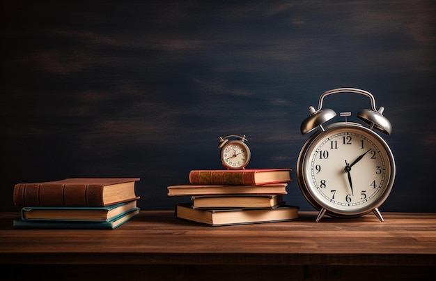 Vintage alarm clock and books on wooden table