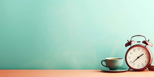 Винтажный будильник и чашка кофе на едином пастельном фоне с копировальным пространством