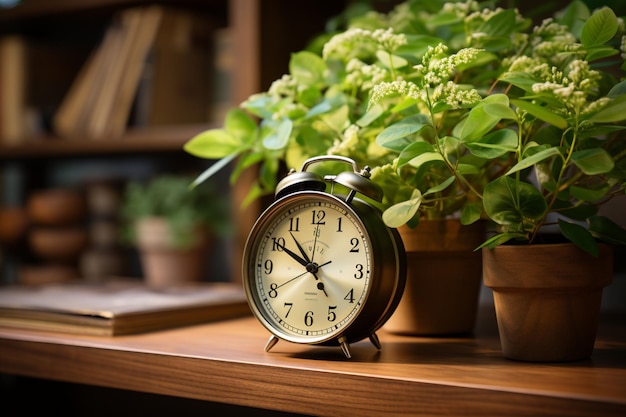 ビンテージの目覚まし時計と観葉植物が素朴な木製の卓上を飾る