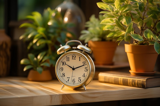 ビンテージの目覚まし時計と観葉植物が素朴な木製の卓上を飾る