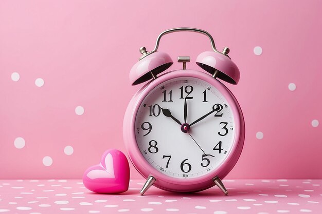 Vintage alarm clock and pink heart with space copy on pink polka dot background