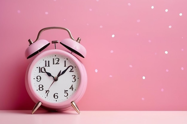 Photo vintage alarm clock and pink heart with space copy on pink polka dot background