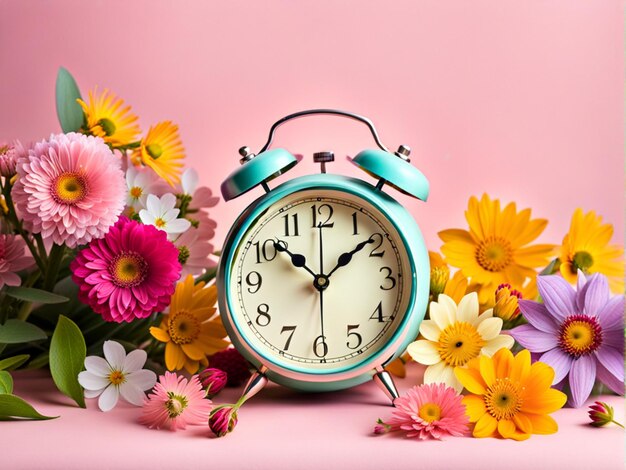 화려 한 파스텔색 배경 에 활기찬 봄 꽃 들 이 둘러싸인 옛날 의 알람 시계