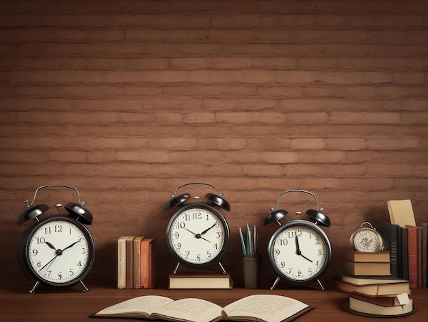 Vintage alarm clock with old books and reading glasses on table