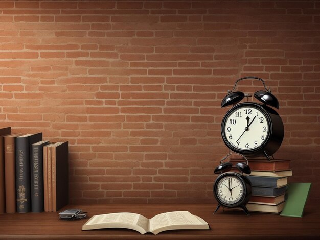 Vintage alarm clock with old books and reading glasses on table