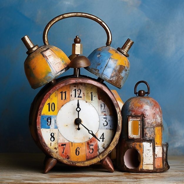 Vintage alarm clocks on wooden table over grunge blue background