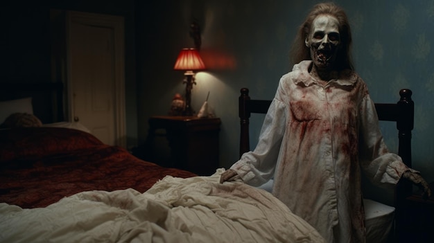 Сцена из любительского фильма ужасов "Зомби в постельном освещении"