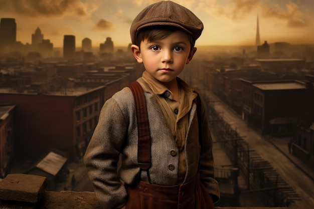 Vintage American 1920 child boy Old american town Generate AI