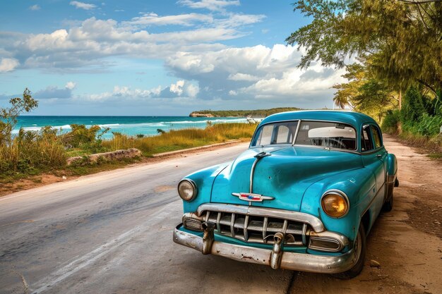 Vintage American car in Cuban coast