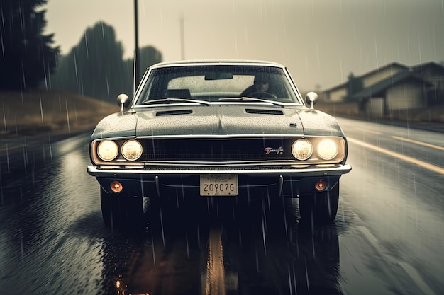 Vintage american car in the rain on a rainy day front view