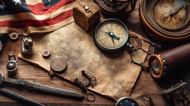Винтажный американский флаг с компасом и ретро-сокровищным рукописью Flat lay Generative Ai