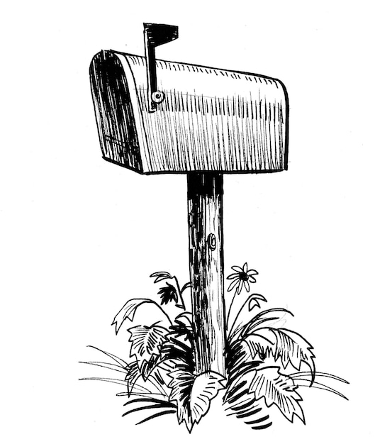 Vintage American mail box. Ink black and white drawing