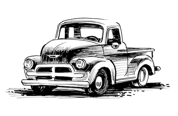 Vintage American truck. Ink black and white drawing