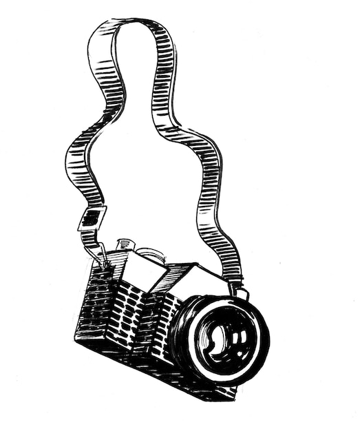 Винтажная аналоговая камера. Чернила черно-белый рисунок