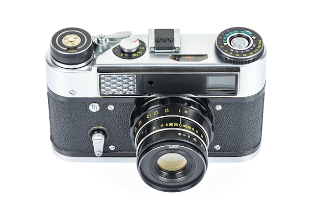 Vintage analog camera on white background