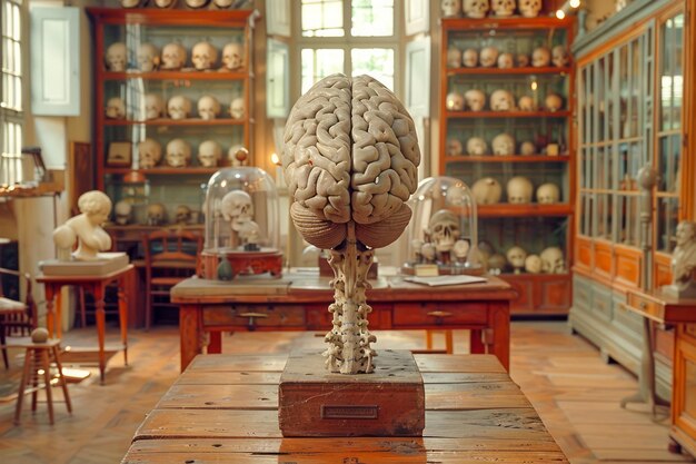 Photo vintage anatomical laboratory interior with collection of human skulls and brain model