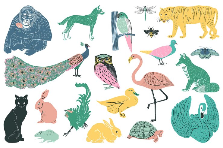 Photo vintage animal stickers png linocut style set