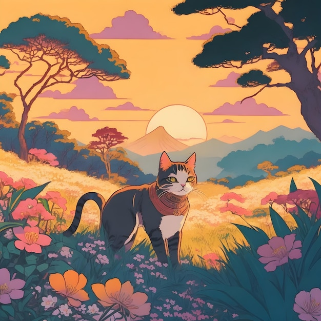 Vintage animestyle illustrations of flowers and the forest or jungle rich in colors ai generated