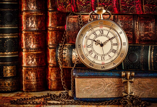 Vintage Antique pocket watch on the background of old books