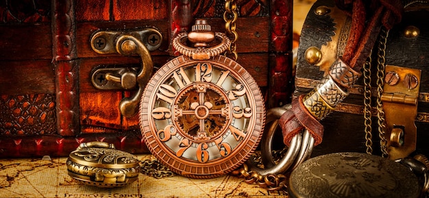 vintage antique pocket watch. vintage grunge still life.