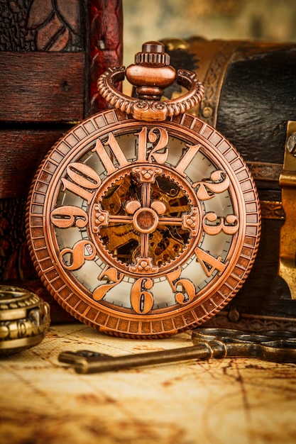 Vintage Antique pocket watch. Vintage grunge still life.