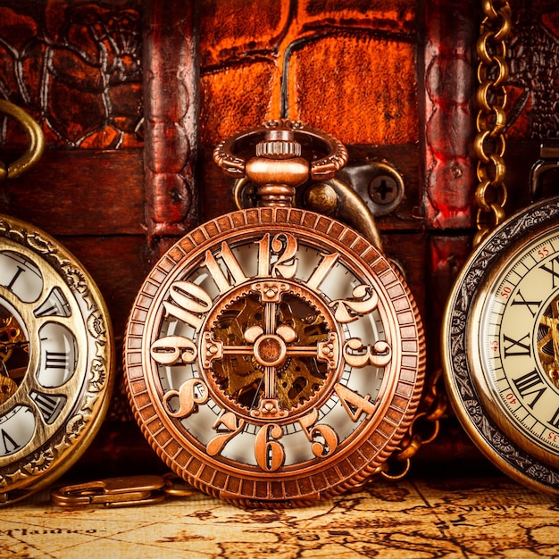 Vintage Antique pocket watch. Vintage grunge still life.