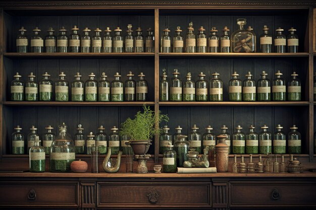 Photo vintage apothecary bottles arranged on wooden generative ai