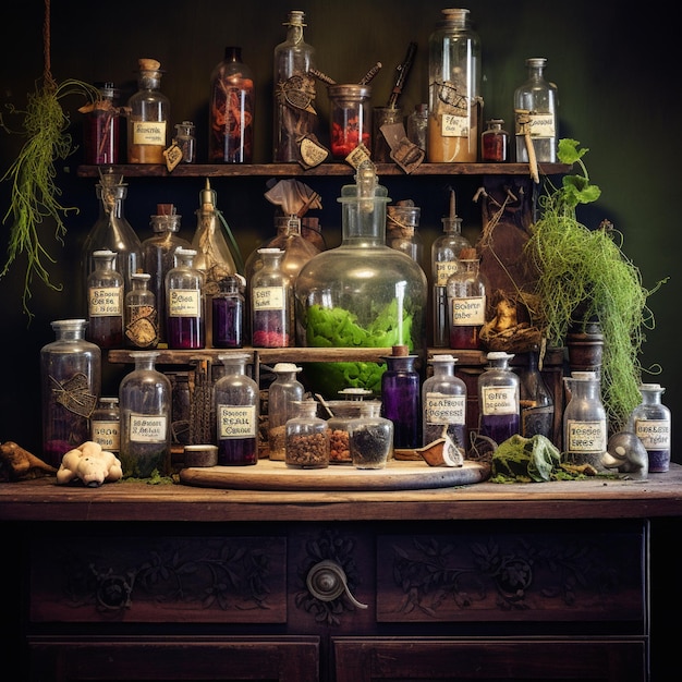 Photo vintage apothecary setup for a witch's halloween party