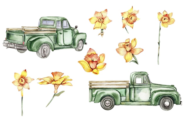 Vintage aquarel groene vrachtwagen en gele narsucuss bloemen