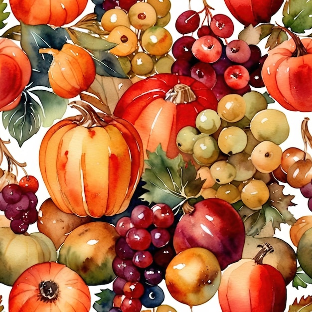 Vintage aquarel illustratie van een overvloedige oogst met verse gezonde fruit en groenten
