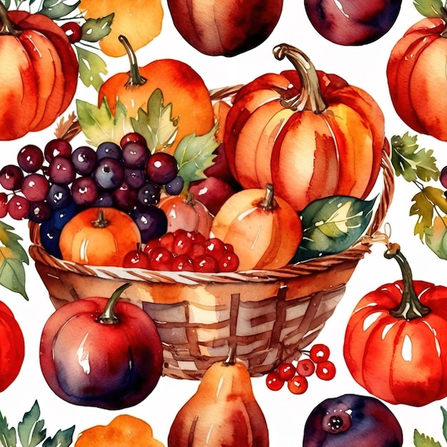 Vintage aquarel illustratie van een overvloedige oogst met verse gezonde fruit en groenten