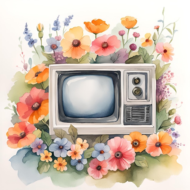 Vintage aquarel schilderij van een oude TV met bloemen