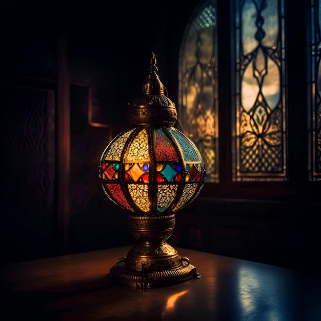 Vintage Arabic lantern on the table Selective focus Ramadan Kareem background