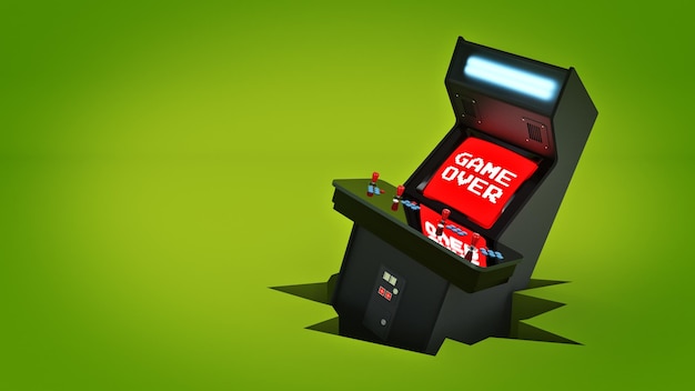 ヴィンテージアーケードゲーム機のコンセプトゲームオーバー。 3D レンダリング