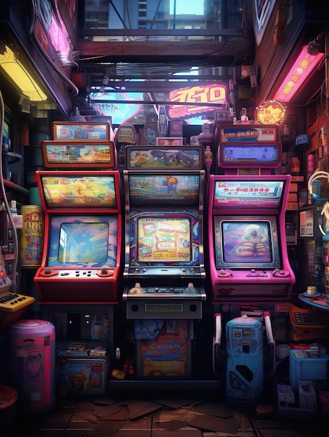 Photo vintage arcade games characters invading a hyperrealistic digital world