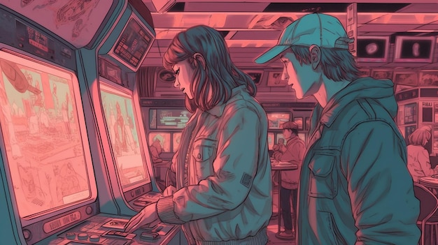 Vintage Arcade Vibes Two Gamers Enjoying an OldSchool Video Game