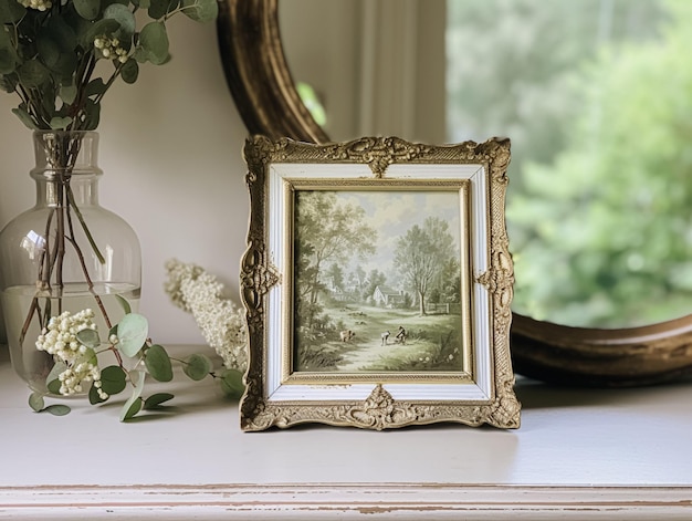 Vintage art frame in the elegant interior wall and home decor