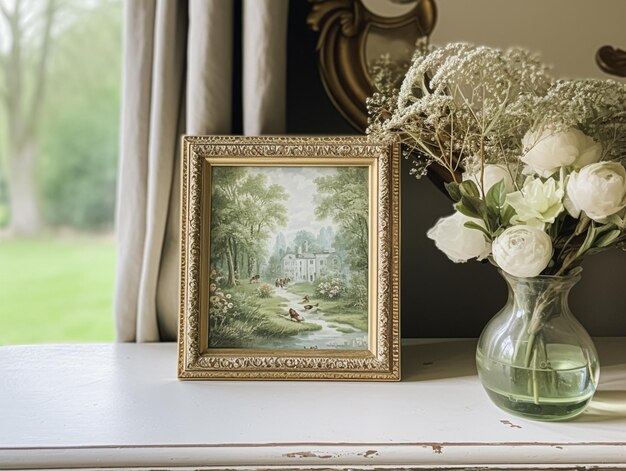 Vintage art frame in the elegant interior wall and home decor