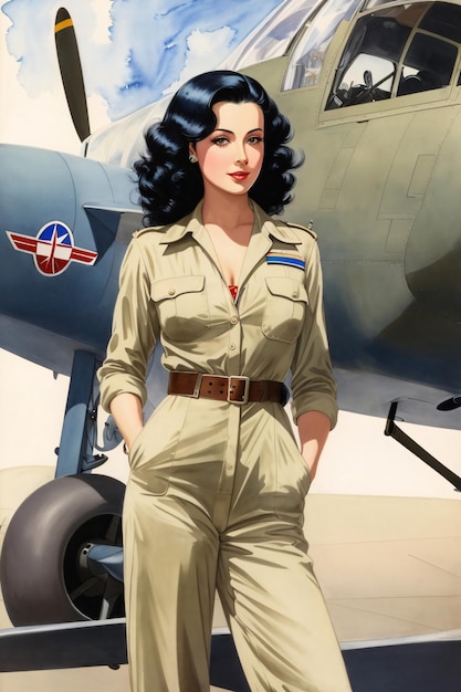 Vintage Art Illustration of Female Pilot